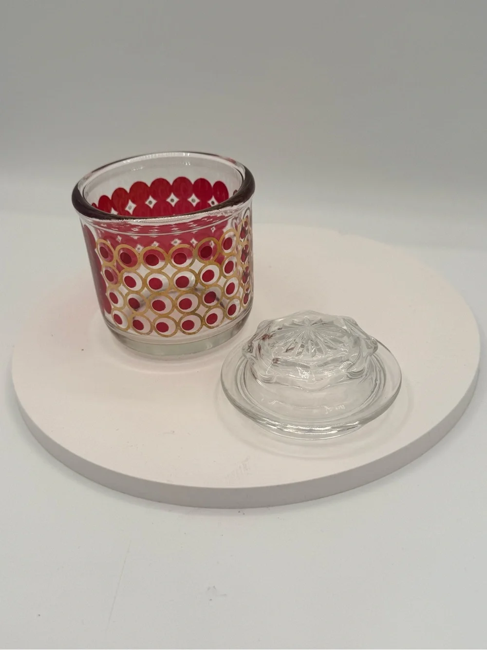 Vtg MCM Jeannette Glass Atomic Red Gold Jar Lid